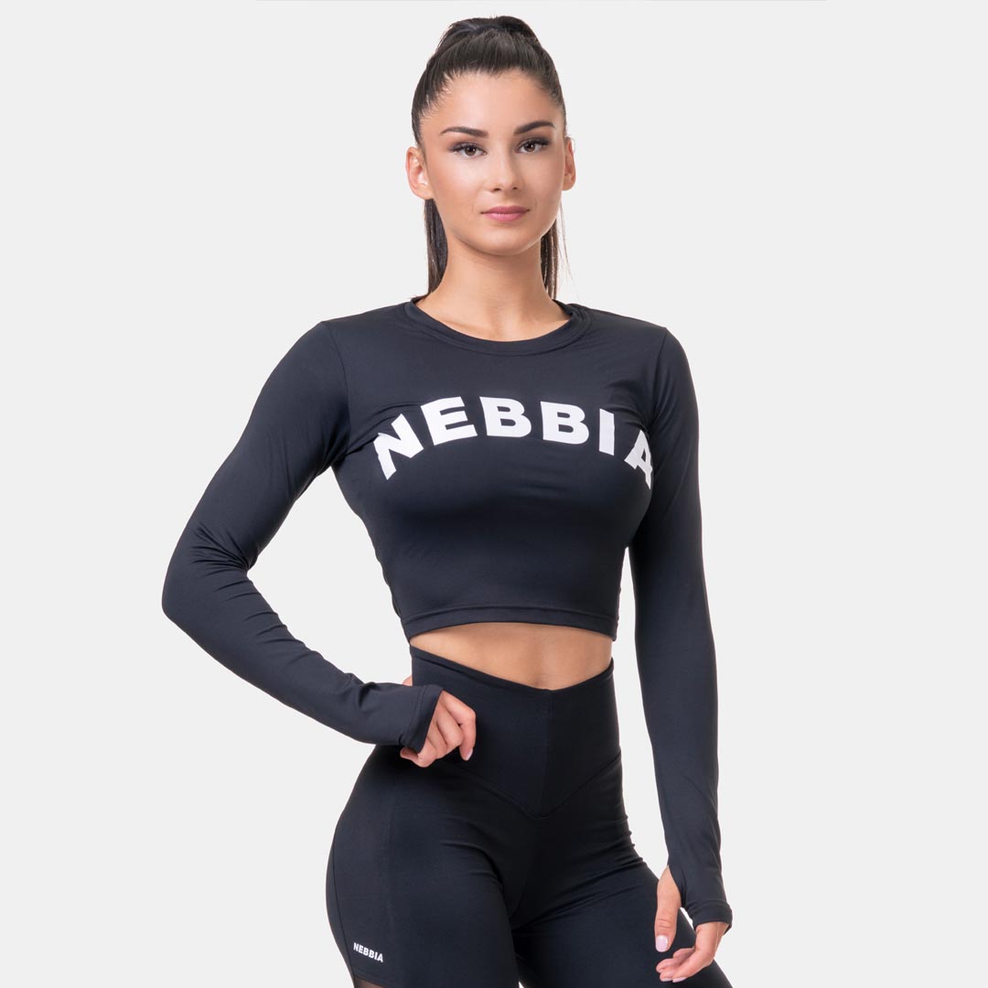 NEBBIA Long Sleeve Thumbhole Sporty Crop Top Black
