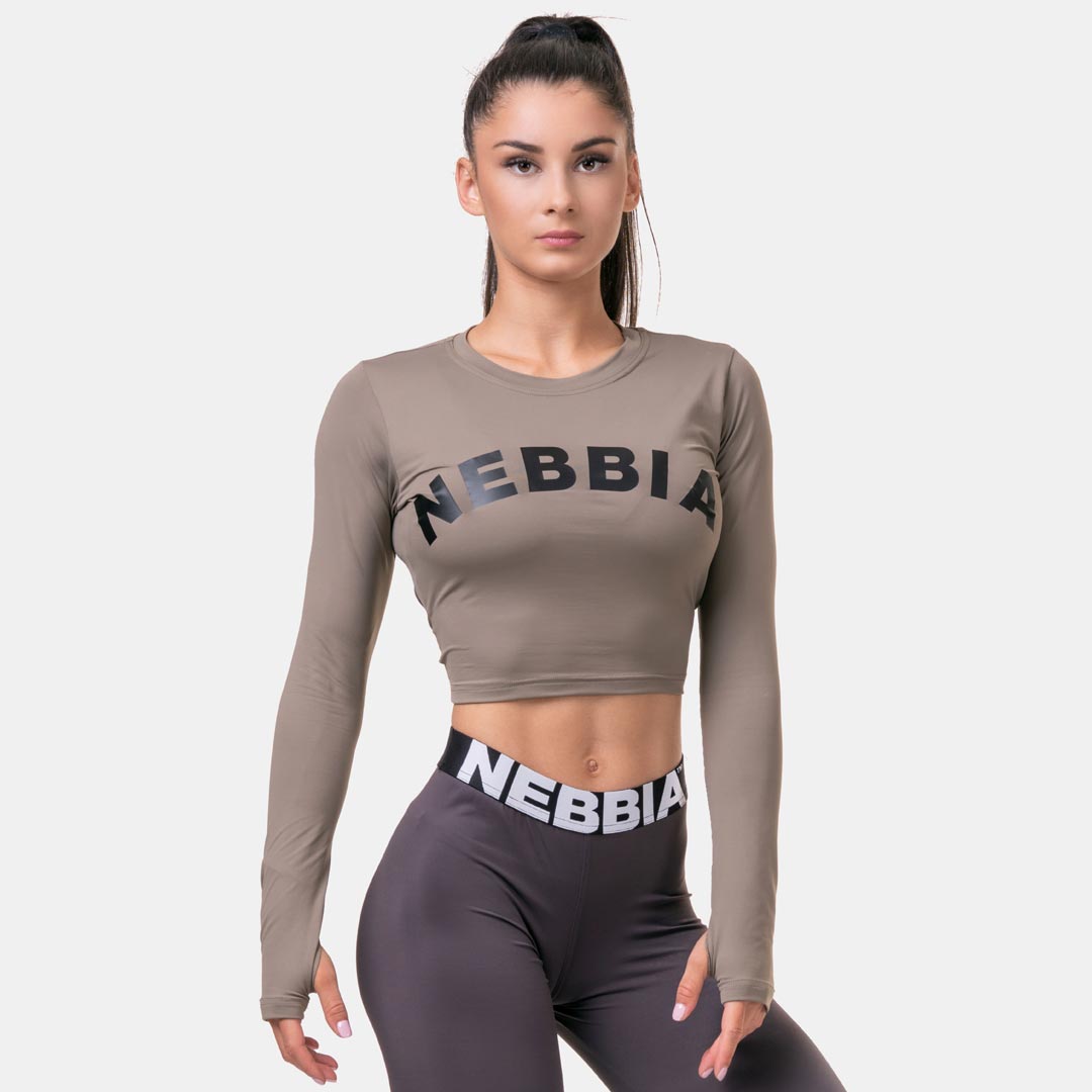 NEBBIA Long Sleeve Thumbhole Sporty Crop Top Mocha