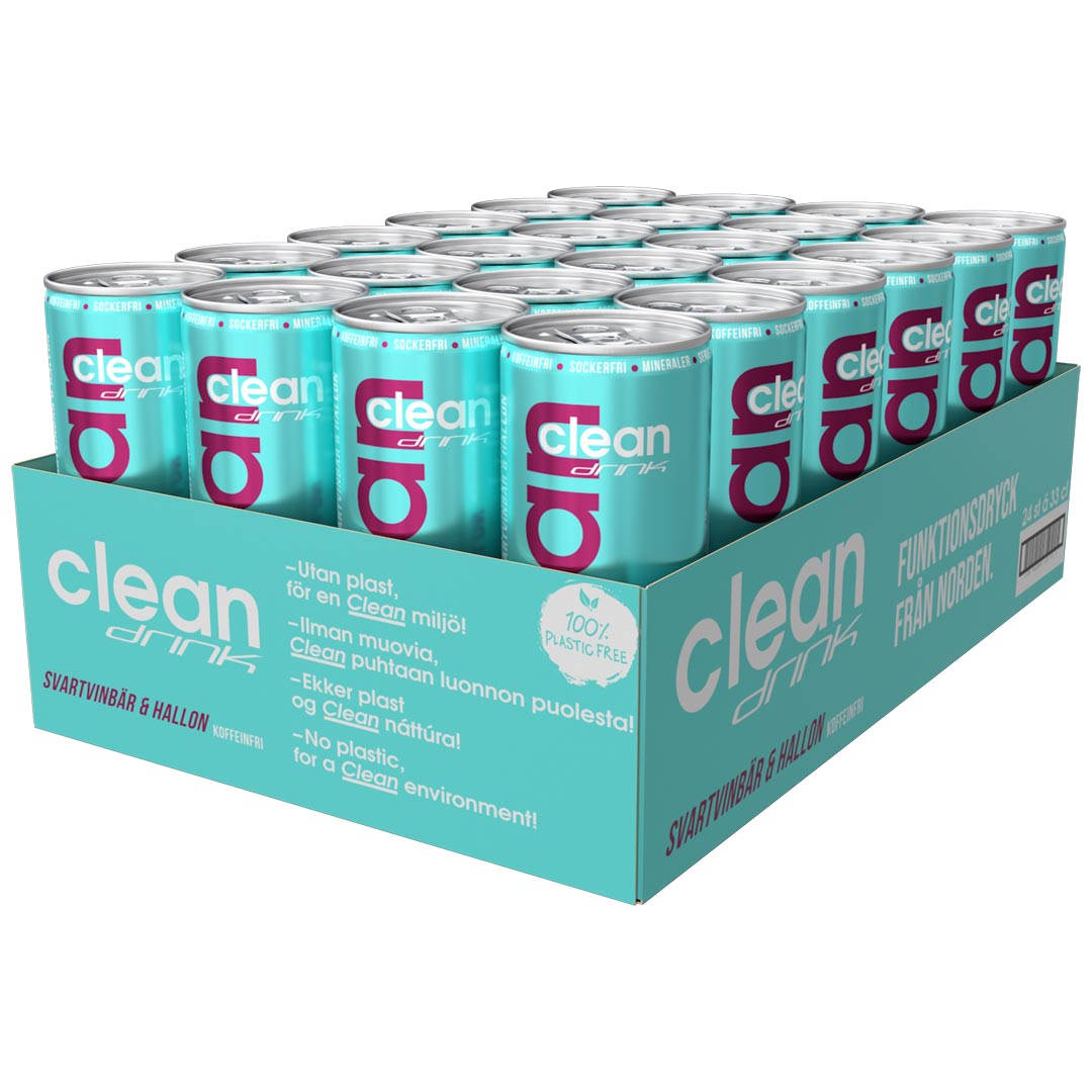 24 x Clean Drink 330 ml Svartvinb√§r Hallon (koffeinfri)