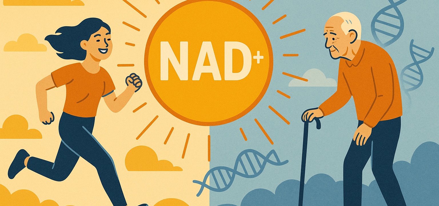 En illustration visar en yngre kvinna som energiskt springer mot en äldre man med käpp, separerade av en stor sol med texten 