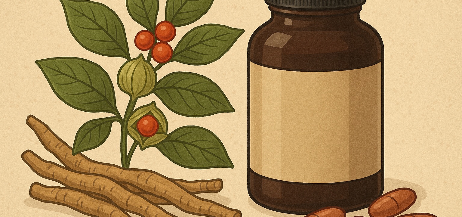 En illustrerad ashwagandhaväxt med gröna blad, röda bär och rot intill en brun burk med kapslar – bilden visar kosttillskottet Ashwagandha KSM-66, ofta använt för ökad energi och stressreduktion.