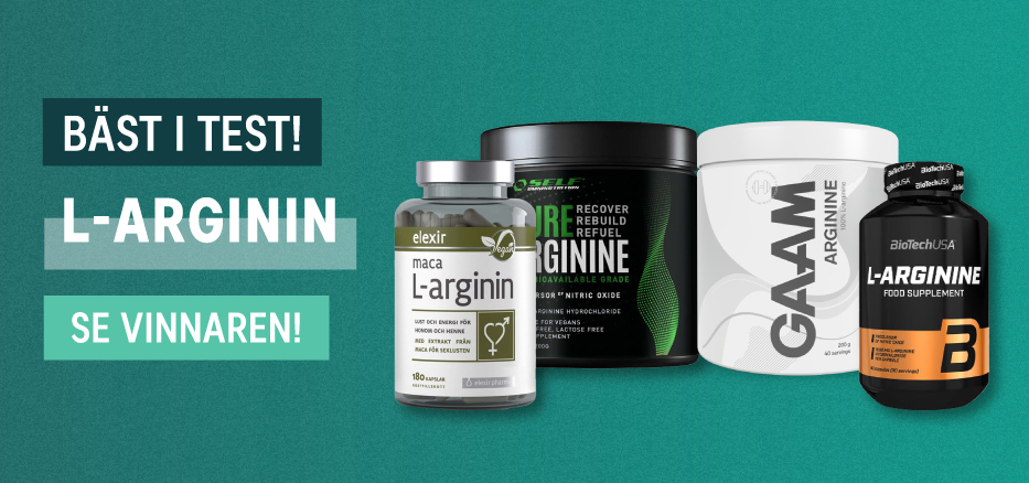 L-arginin bäst i test 2025: Fyra olika L-arginin-tillskott från märkena: GAAM, BiotechUSA, Self Omninutrition och Elexir mot en grön bakgrund.