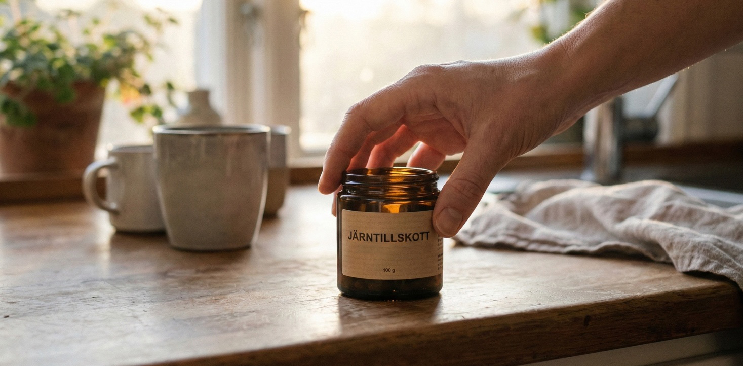En burk med järntillskott på köksbordet