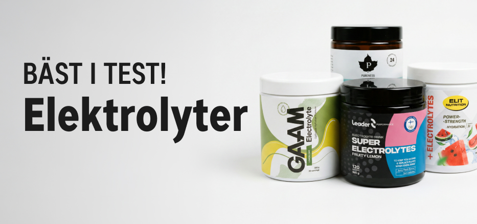 En reklambild med fyra olika förpackningar av Elektrolyter, presenterade mot en ljus bakgrund. Texten ”Bäst i test! Elektrolyter” lyfter fram ett jämförande test för 2026, och förpackningarna visar olika varumärken, vilket speglar variationen i utbudet av Elektrolyttillskott.