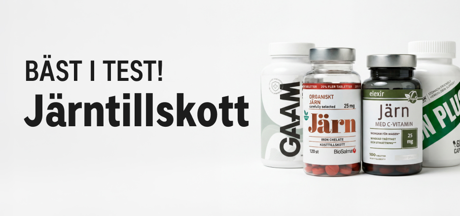 En reklambild med fyra olika förpackningar av Järntillskott, presenterade mot en ljus bakgrund. Texten ”Bäst i test! Järntillskott” lyfter fram ett jämförande test för 2026, och förpackningarna visar olika varumärken, vilket speglar variationen i utbudet av Järntillskott