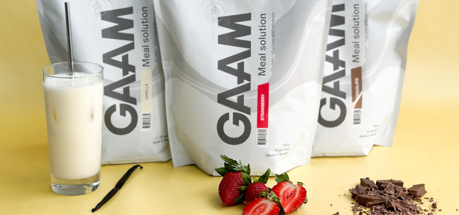 Tre påsar GAAM Solution i choklad, jordgubb och vaniljsmak