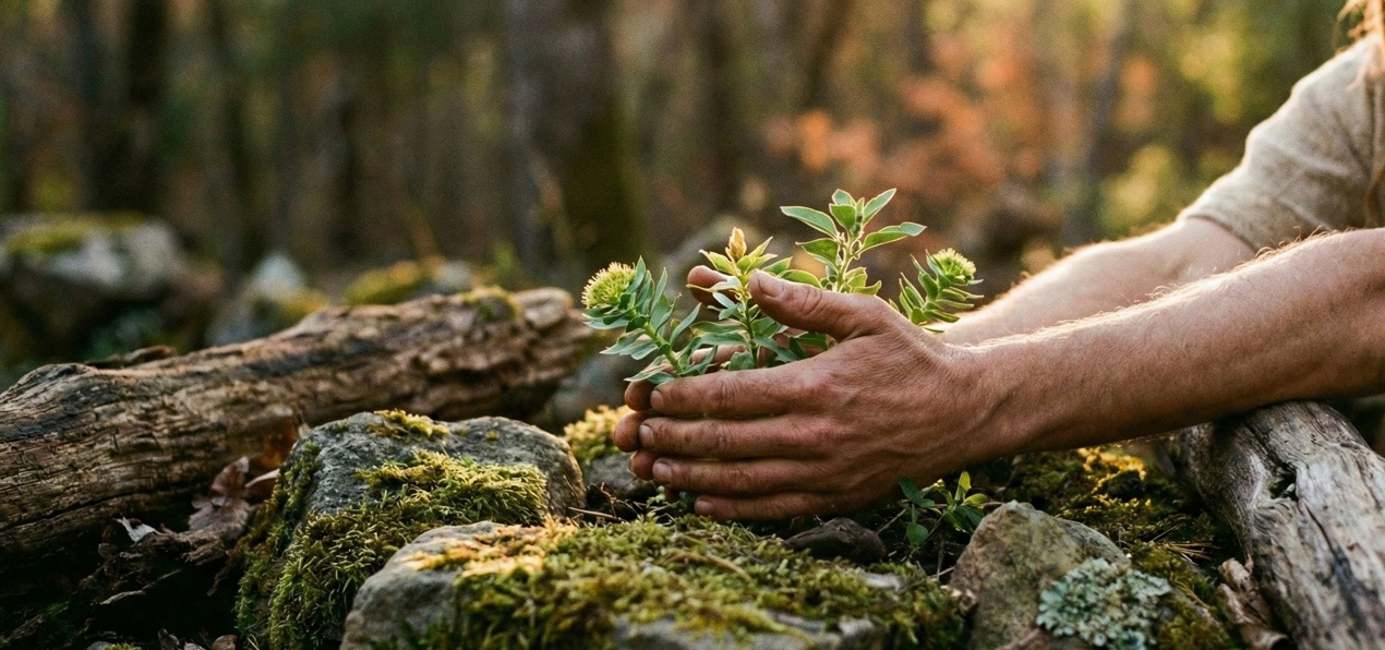 Plantering av grön medicinalväxt som symboliserar adaptogener.