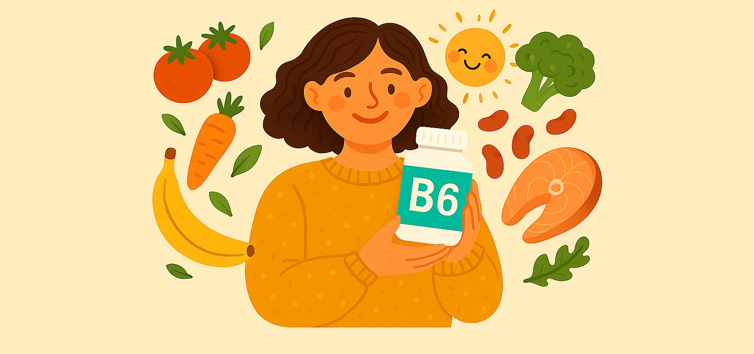 En kvinna håller en burk B6-vitamintillskott med ett leende, omgiven av illustrerade livsmedel som banan, lax, broccoli och morot. Proteinbolaget visualiserar här nyttan med B6 och dess naturliga källor i kosten.