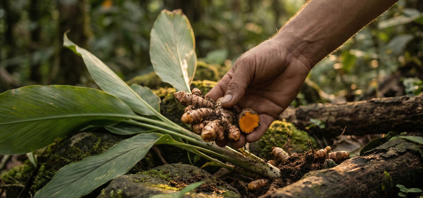 Hand som håller färsk gurkmeja med gröna blad i naturlig miljö