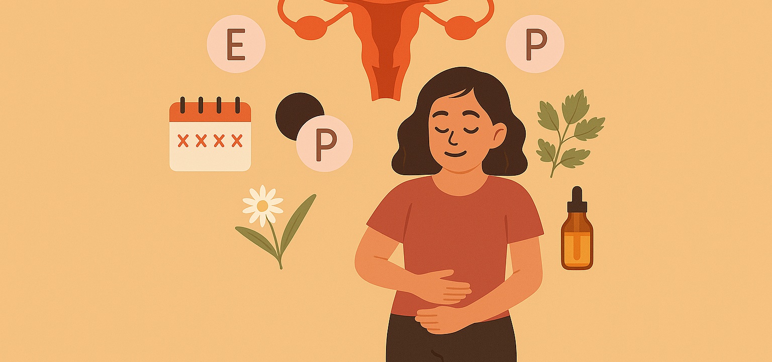 En kvinna ser avslappnad ut och håller händerna över magen, omgiven av illustrationer för hormoner, menscykel, örter och oljedroppar, en visuell representation för hur hormoner påverkar PMS och menscykeln.