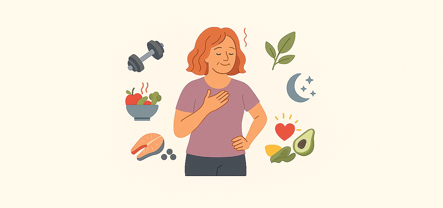 En glad kvinna i klimakteriet står omgiven av symboler för hälsa som grönsaker, hantel, lax, bladgrönt och måne – en helhetssyn på välmående. Bilden illustrerar Proteinbolagets tips kring kost och livsstil för att må bättre i klimakteriet.
