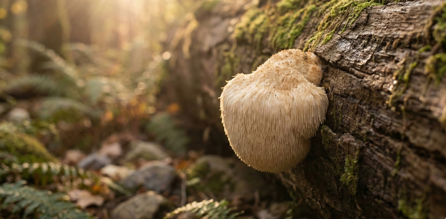 Igelkottstaggsvamp (Lion’s Mane) som växer på trädstam i skogsmiljö