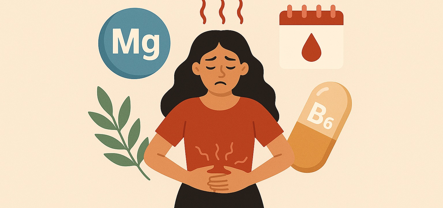 En tecknad kvinna med magont omgiven av symboler för PMS, inklusive magnesium, vitamin B6, menskalender och örter.