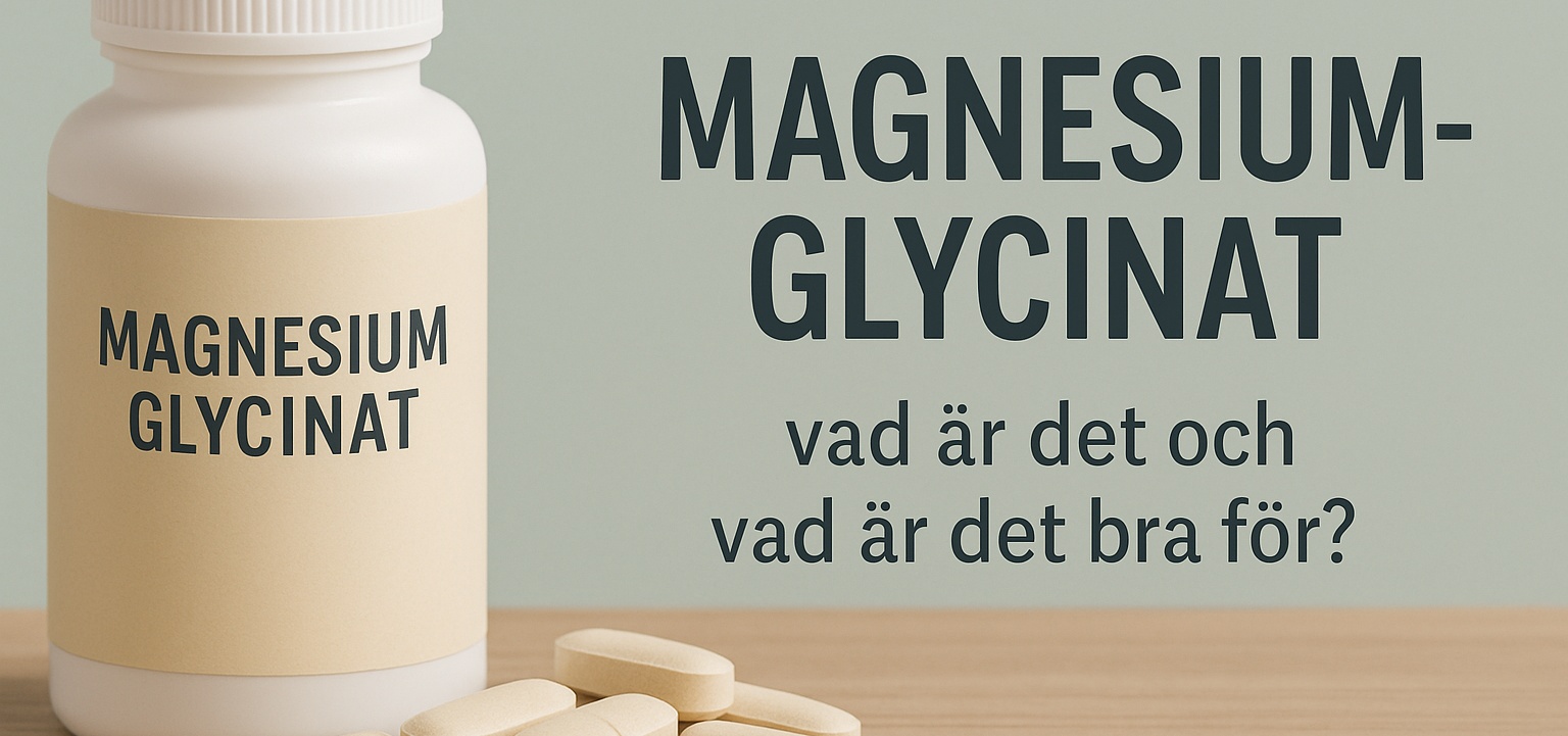 En vit burk märkt Magnesium Glycinat står på ett träbord med flera beige tabletter framför, bredvid texten MAGNESIUMGLYCINAT – vad är det och vad är det bra för, vilket antyder en informativ presentation av kosttillskottet.