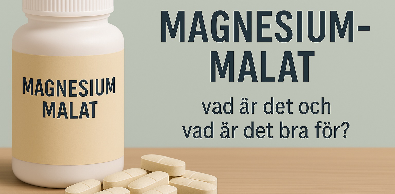 En vit burk märkt Magnesium Malat står på ett träbord med flera beige tabletter framför, bredvid texten MAGNESIUMMALAT – vad är det och vad är det bra för, vilket antyder en informativ presentation av kosttillskottet.