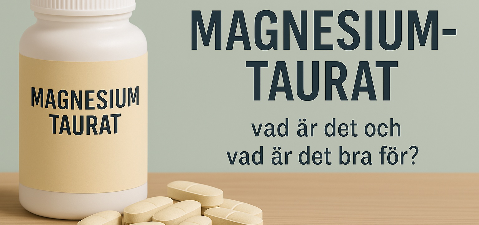 En vit burk märkt Magnesium Taurat står på ett träbord med flera beige tabletter framför, bredvid texten MAGNESIUMTAURAT – vad är det och vad är det bra för, vilket antyder en informativ presentation av kosttillskottet.