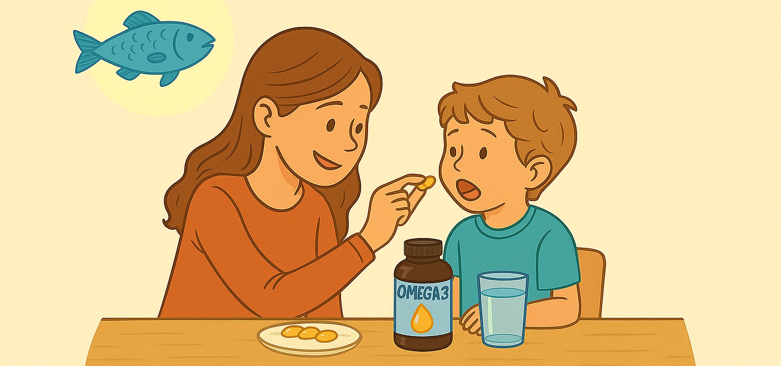 En mamma ger sitt barn ett Omega-3-tillskott vid köksbordet, med ett glas vatten och kapslar bredvid, vilket illustrerar hur man enkelt kan få i barn viktiga fettsyror även vid kräsna matvanor.