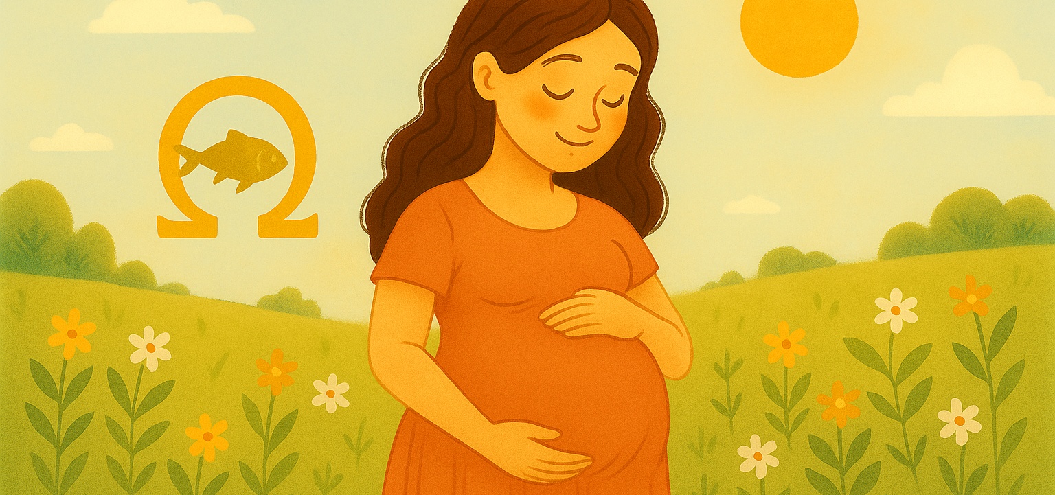 En gravid kvinna står i en blommande sommaräng med handen på magen, medan en omega-symbol med fisk antyder vikten av DHA och omega-3 för fostrets utveckling och mammans hälsa under graviditeten.