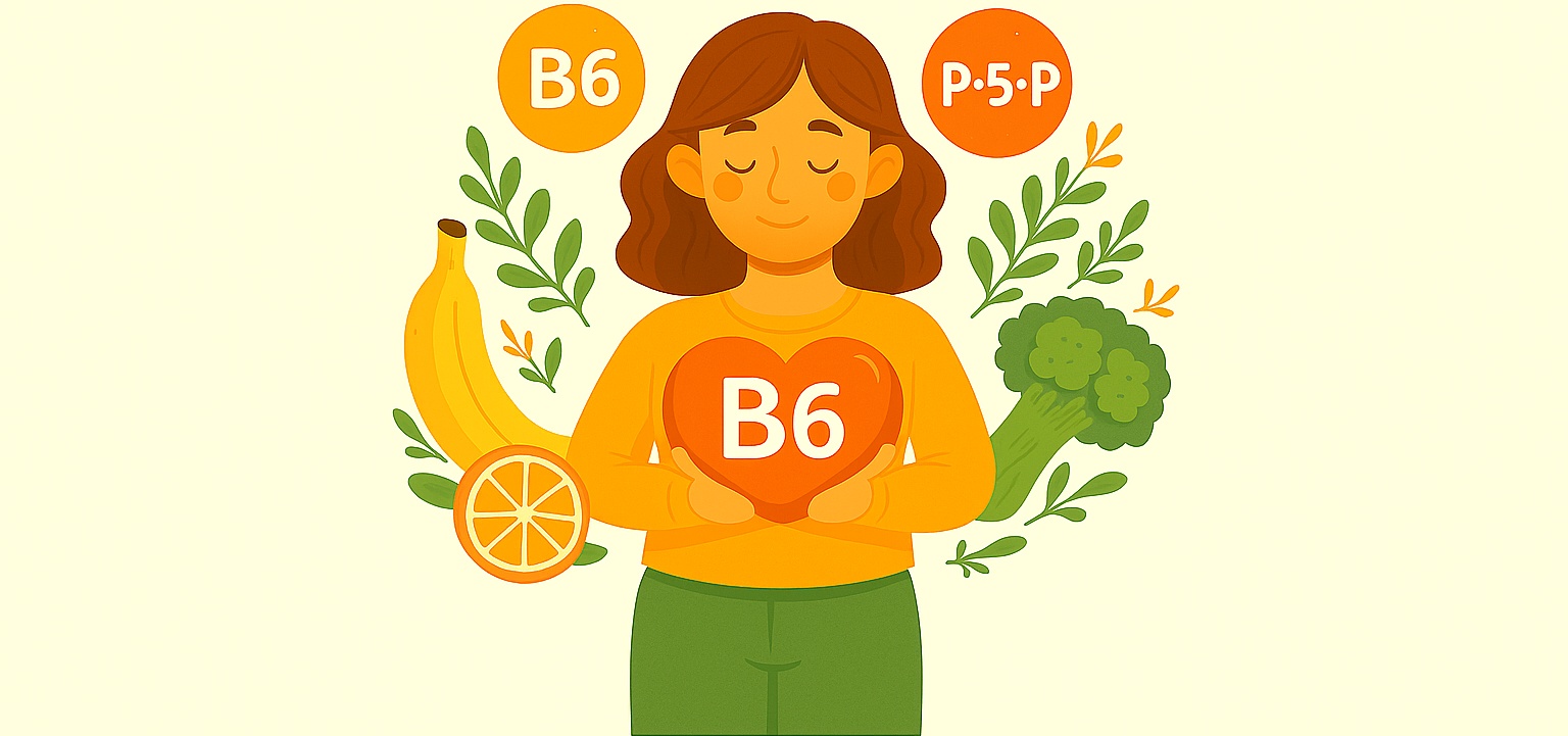 En kvinna med lugnt uttryck håller ett hjärta märkt med B6, omgiven av banan, broccoli och blad. Textbubblor visar B6 och P-5-P. Proteinbolaget illustrerar här pyridoxins aktiva form och dess roll i kroppens funktioner.