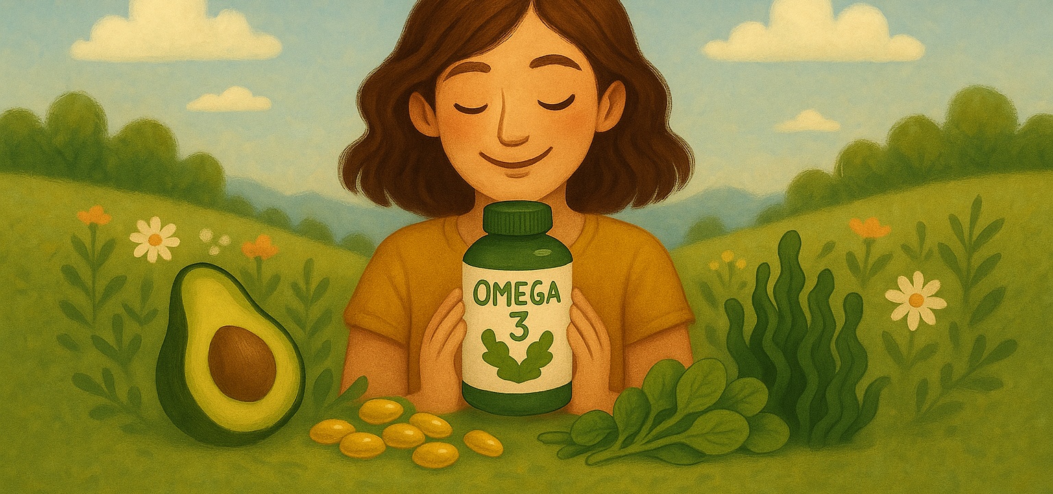 En person håller ett veganskt Omega-3-tillskott i naturmiljö, omgiven av alger, avokado och bladgrönt – en visuell guide till växtbaserade källor för ALA, EPA och DHA utan fisk.