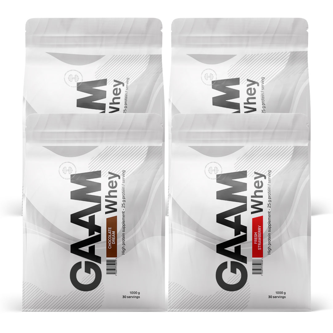 4 x GAAM 100% Whey Premium 1 kg i gruppen Kosttillskott / Proteinpulver / Vassleprotein / Vasslekoncentrat hos Proteinbolaget (PB-1647)