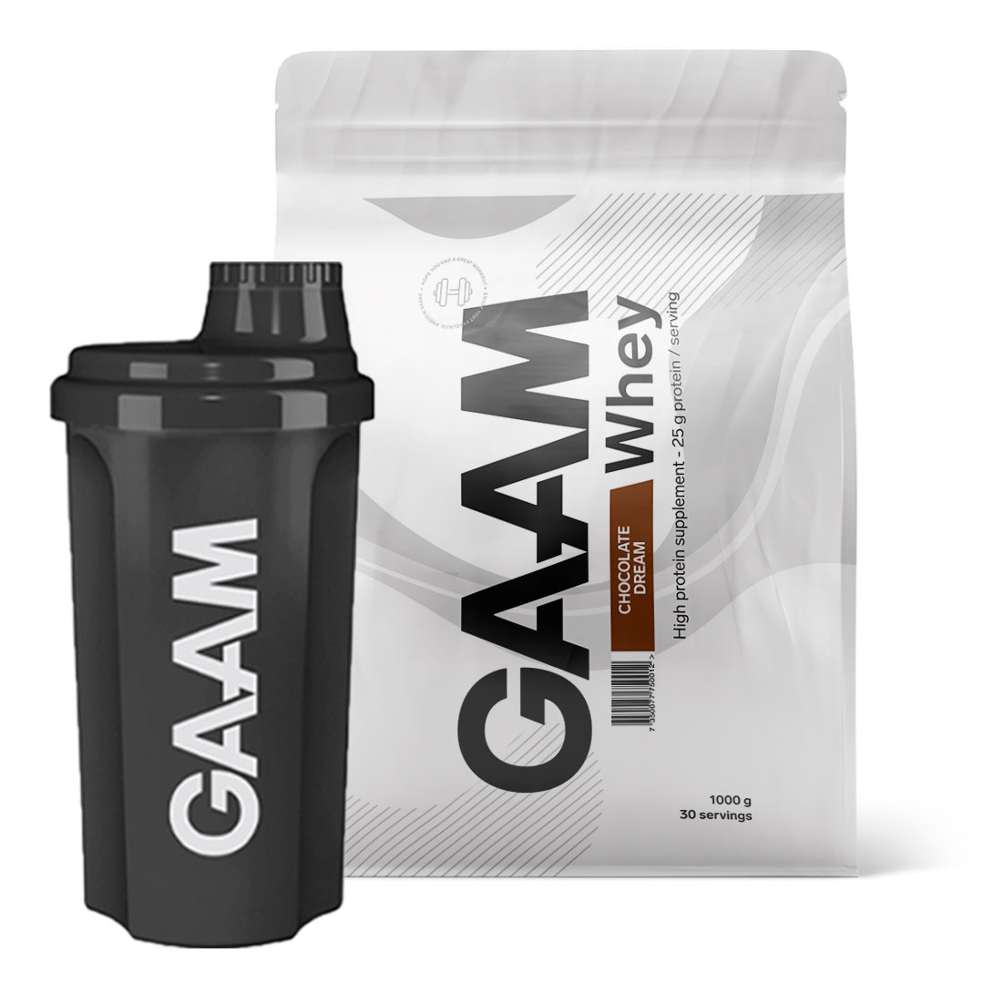 GAAM 100% Whey Premium 1 kg + GAAM Shaker 700 ml i gruppen Kosttillskott / Proteinpulver / Vassleprotein / Vasslekoncentrat hos Proteinbolaget (PB-22013132)